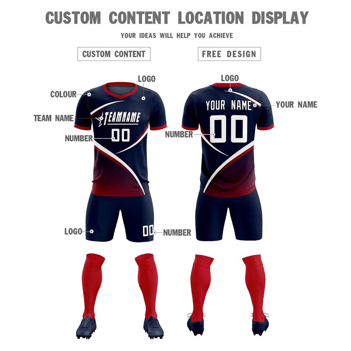 Custom Navy Red Color Block Training Uniform For Men Soccer Sets Jersey