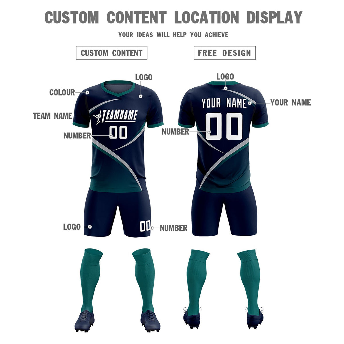 Custom Navy Aqua Color Block Training Uniform For Men Soccer Sets Jersey