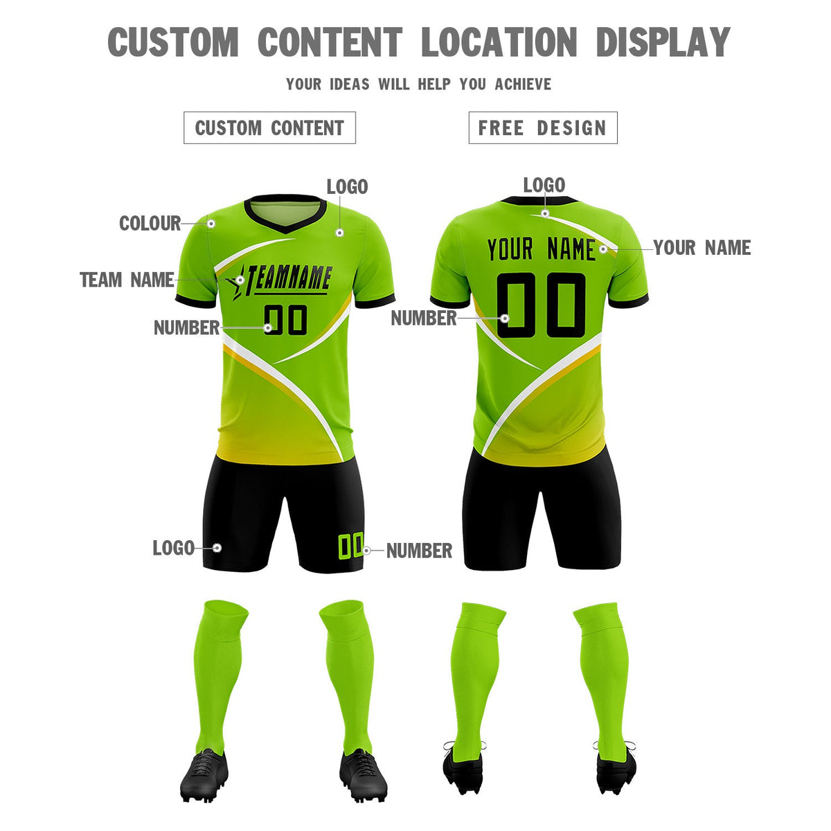 Custom Neon Green Black Color Block Training Uniform For Men Soccer Sets Jersey
