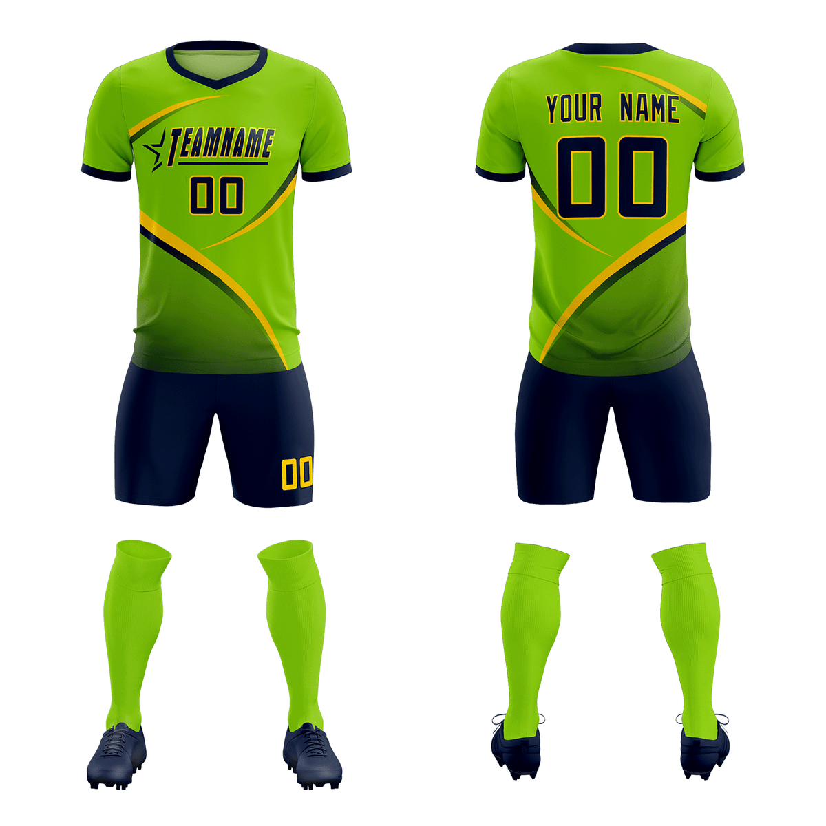 Custom Neon Green Navy Color Block Training Uniform For Men Soccer Sets Jersey