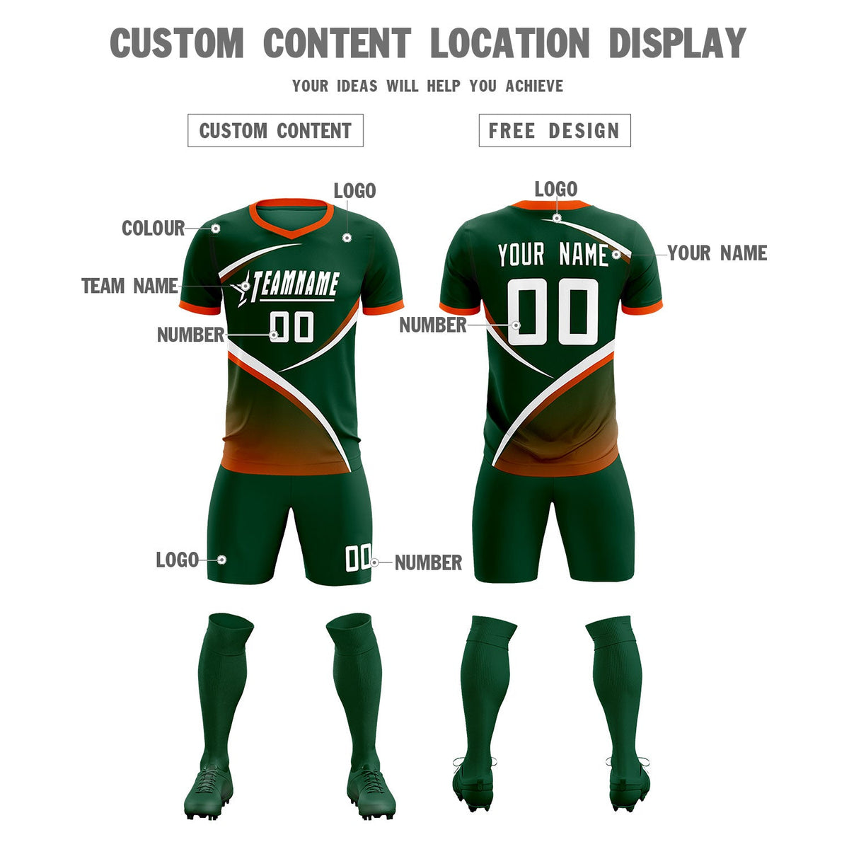 Custom Green Orange Color Block Training Uniform For Men Soccer Sets Jersey