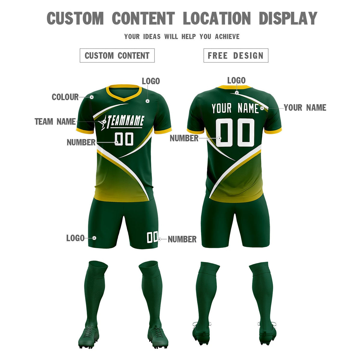 Custom Green Gold Color Block Training Uniform For Men Soccer Sets Jersey