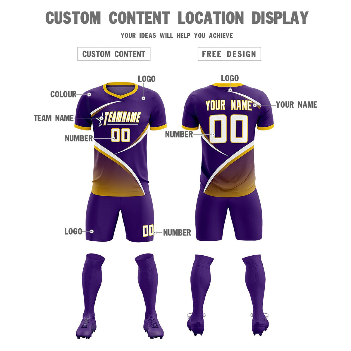 Custom Purple Gold Color Block Training Uniform For Men Soccer Sets Jersey