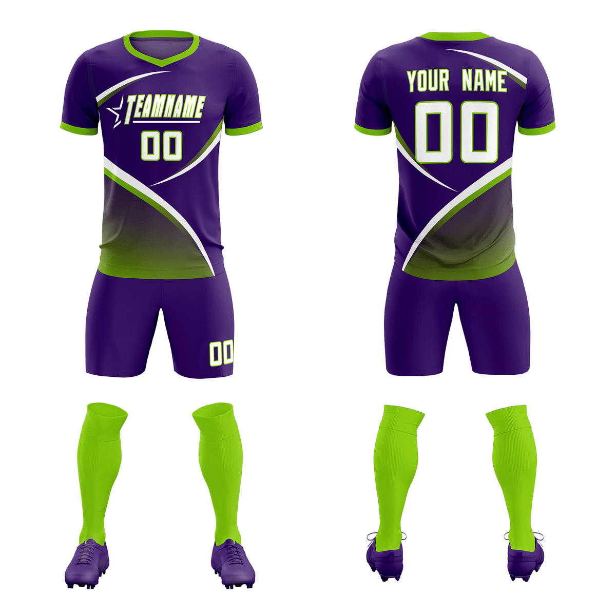 Custom Purple Neon Green Color Block Training Uniform For Men Soccer Sets Jersey