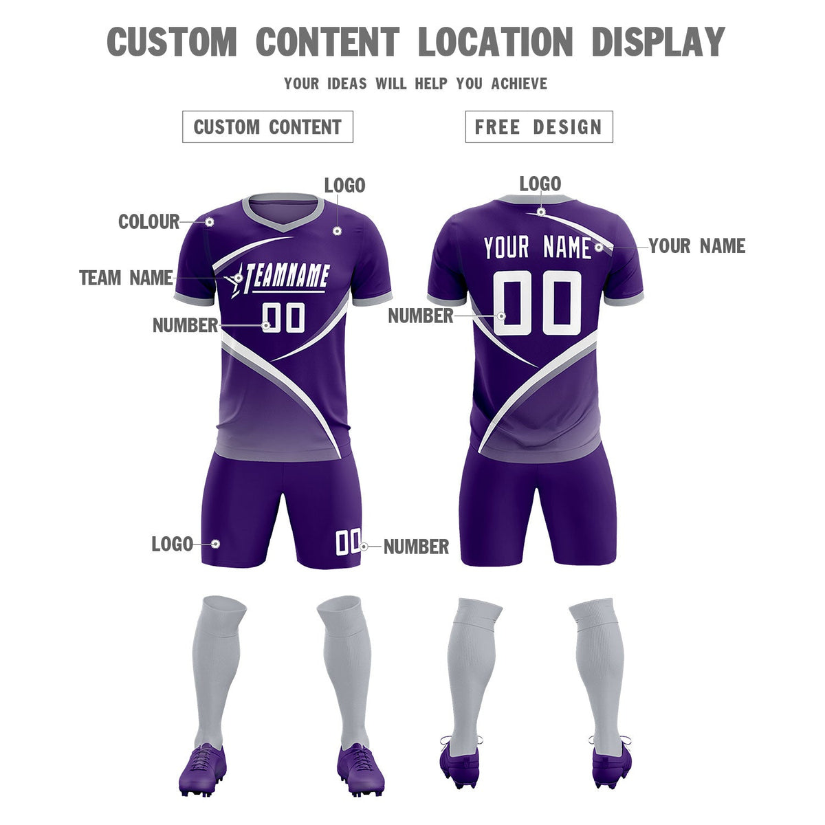 Custom Purple Gray Color Block Training Uniform For Men Soccer Sets Jersey