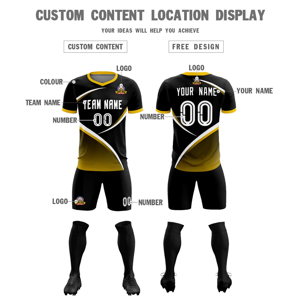 Custom Black Gold Color Block Training Uniform For Men Soccer Sets Jersey