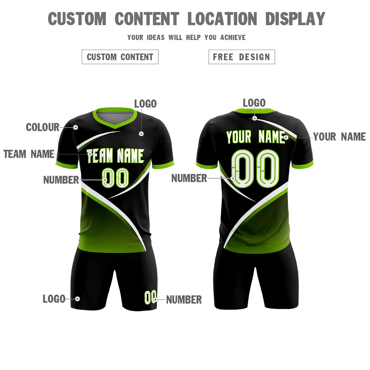 Custom Black Neon Green Color Block Training Uniform For Men Soccer Sets Jersey