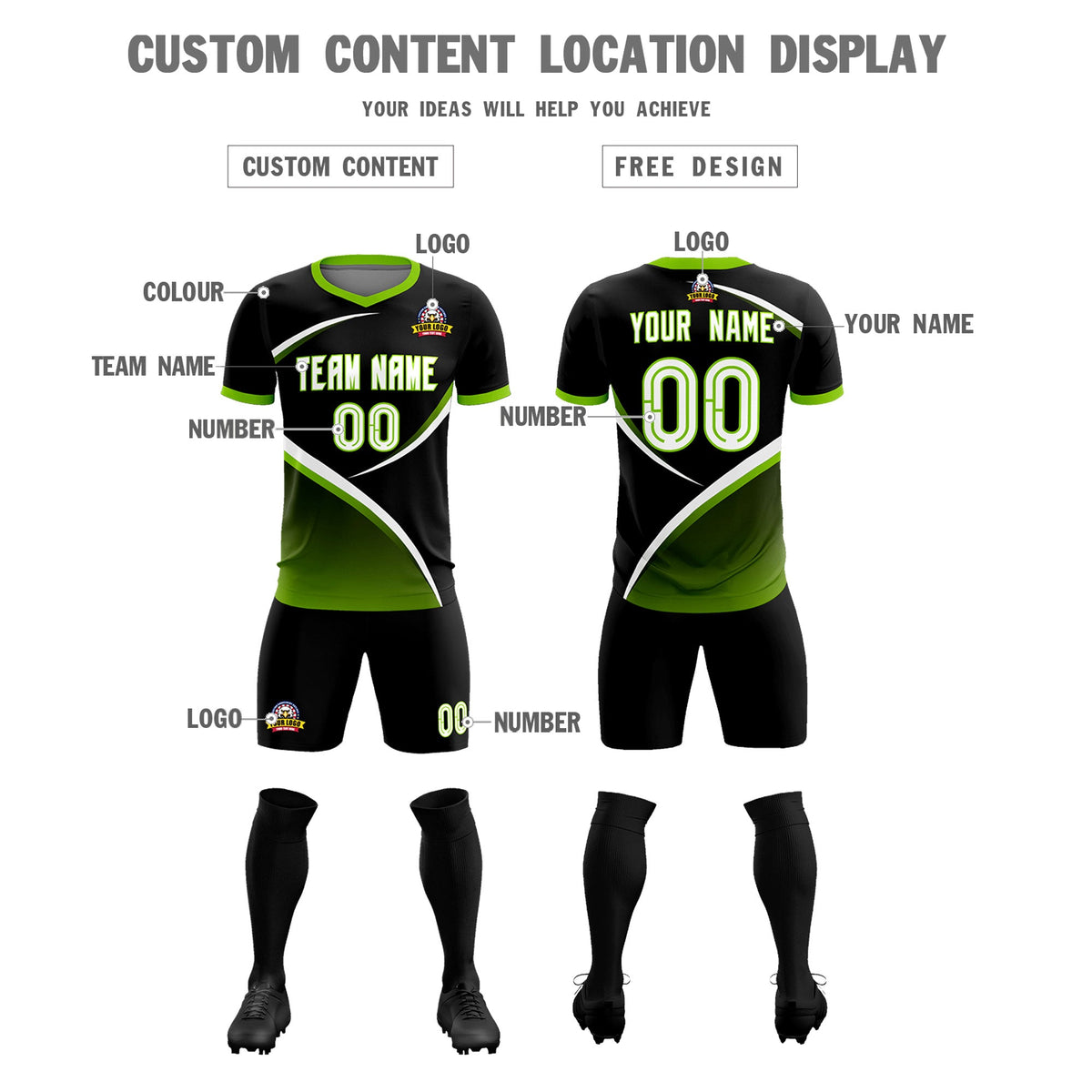 Custom Black Neon Green Color Block Training Uniform For Men Soccer Sets Jersey