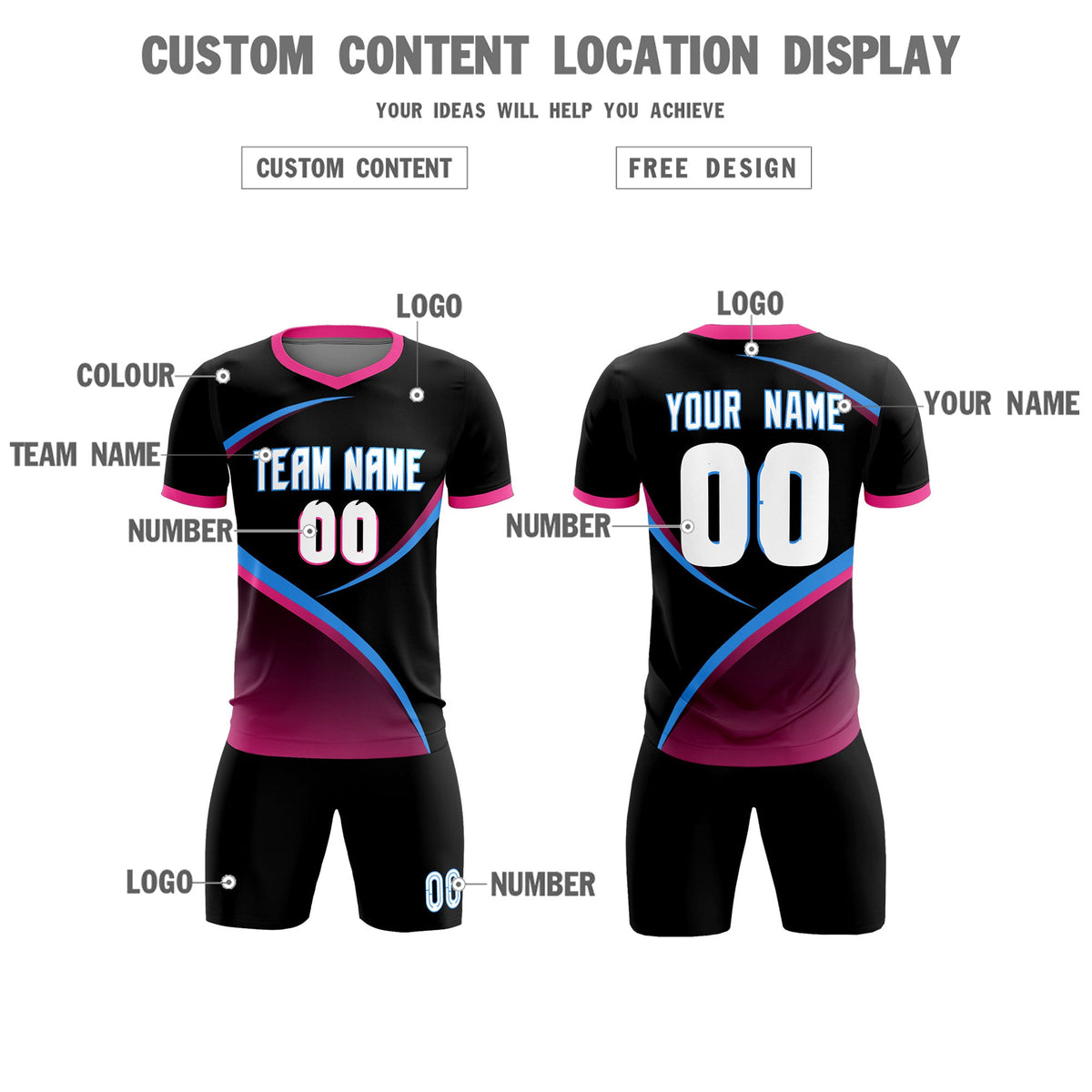 Custom Black Pink Color Block Training Uniform For Men Soccer Sets Jersey