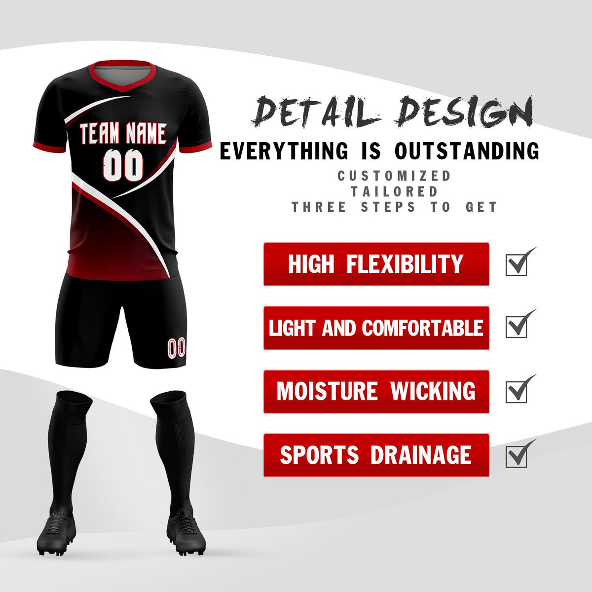 Custom Black Red Color Block Training Uniform For Men Soccer Sets Jersey