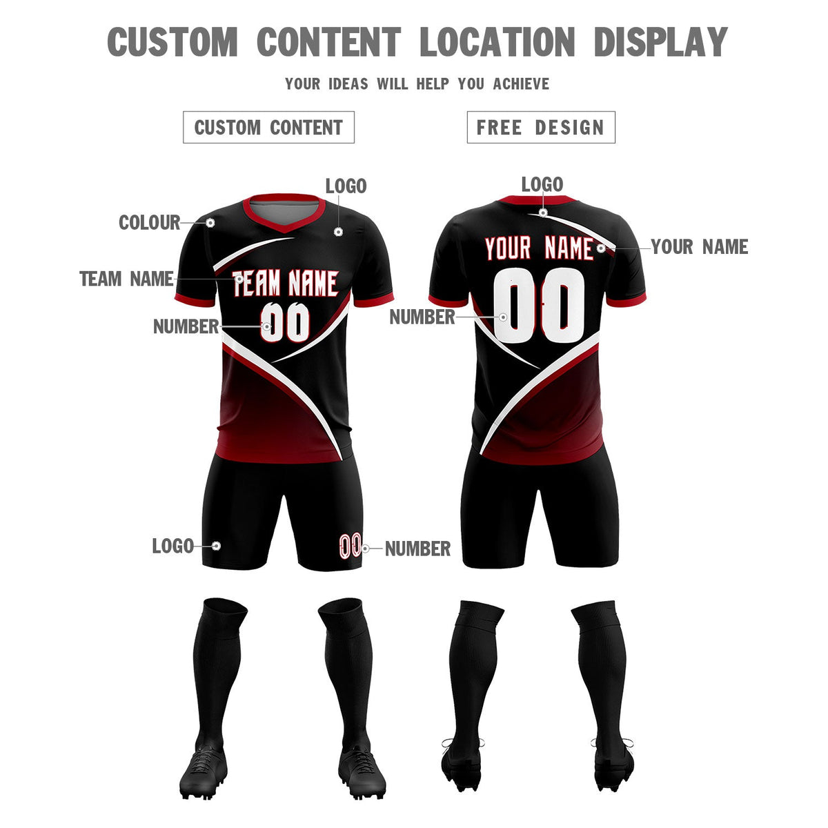 Custom Black Red Color Block Training Uniform For Men Soccer Sets Jersey