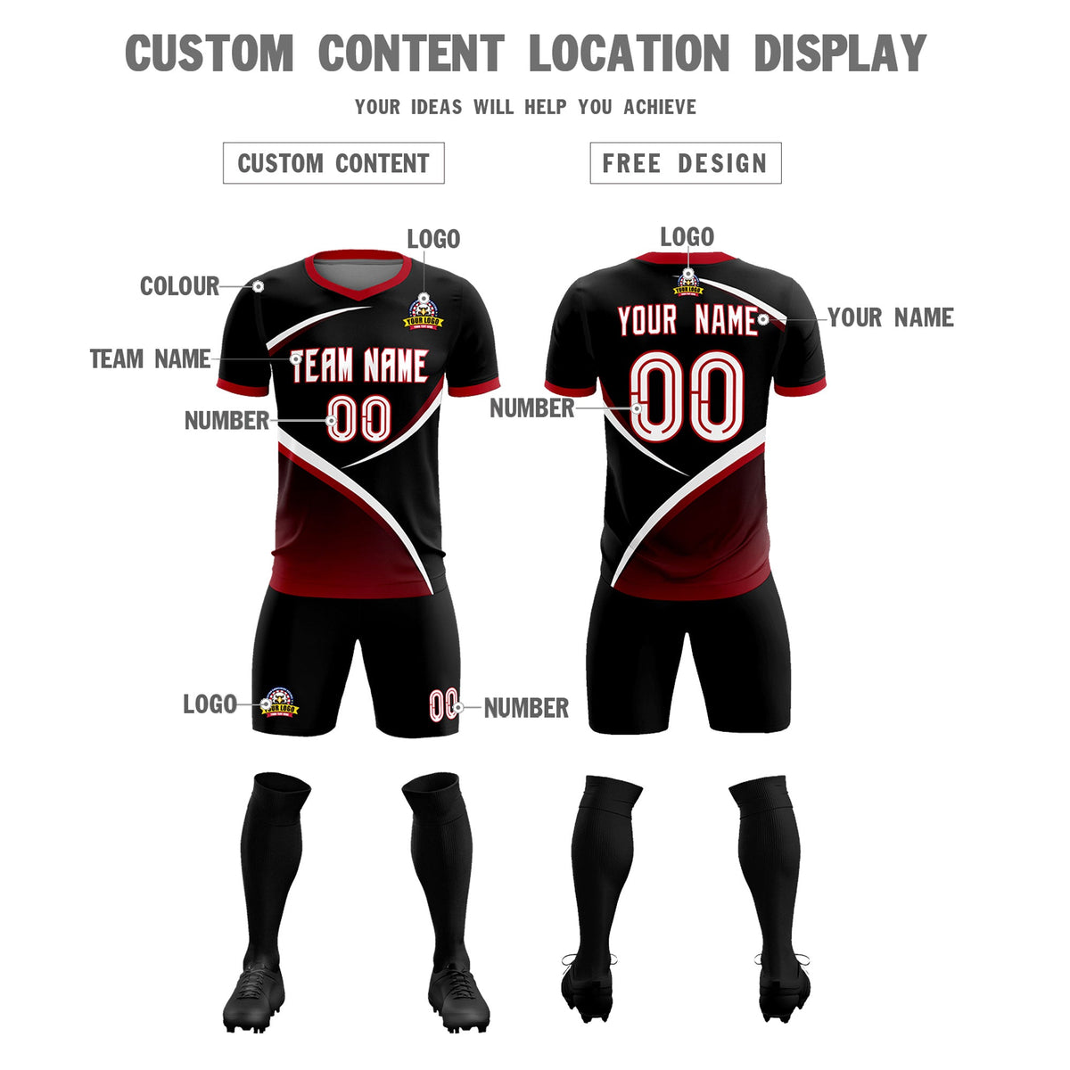 Custom Black Red Color Block Training Uniform For Men Soccer Sets Jersey