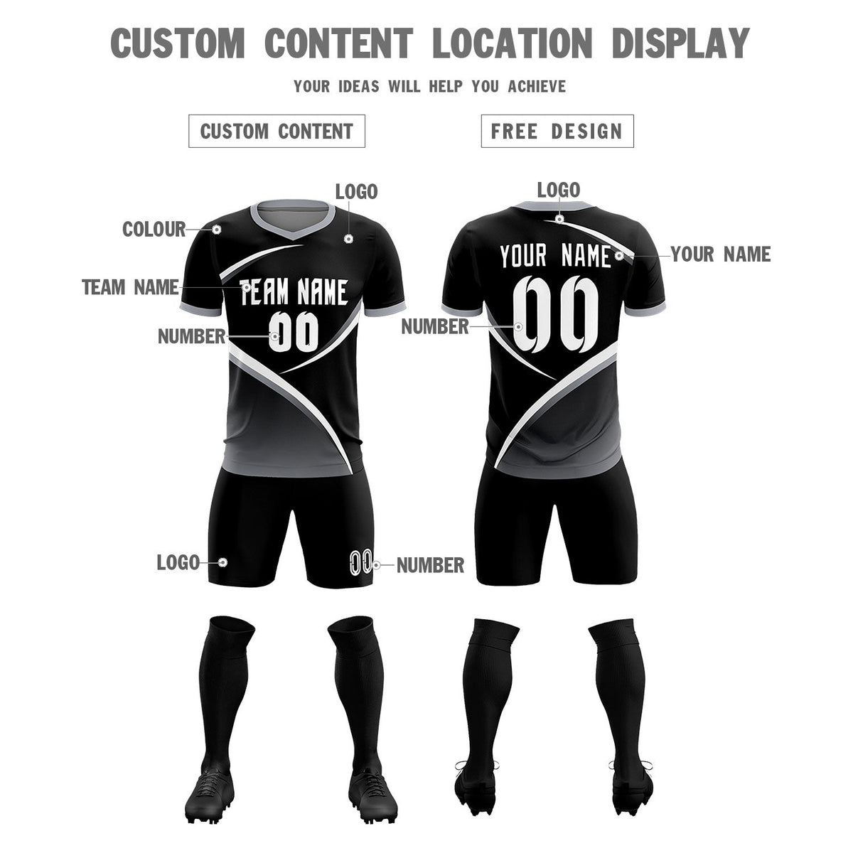 Custom Black Gray Color Block Training Uniform For Men Soccer Sets Jersey