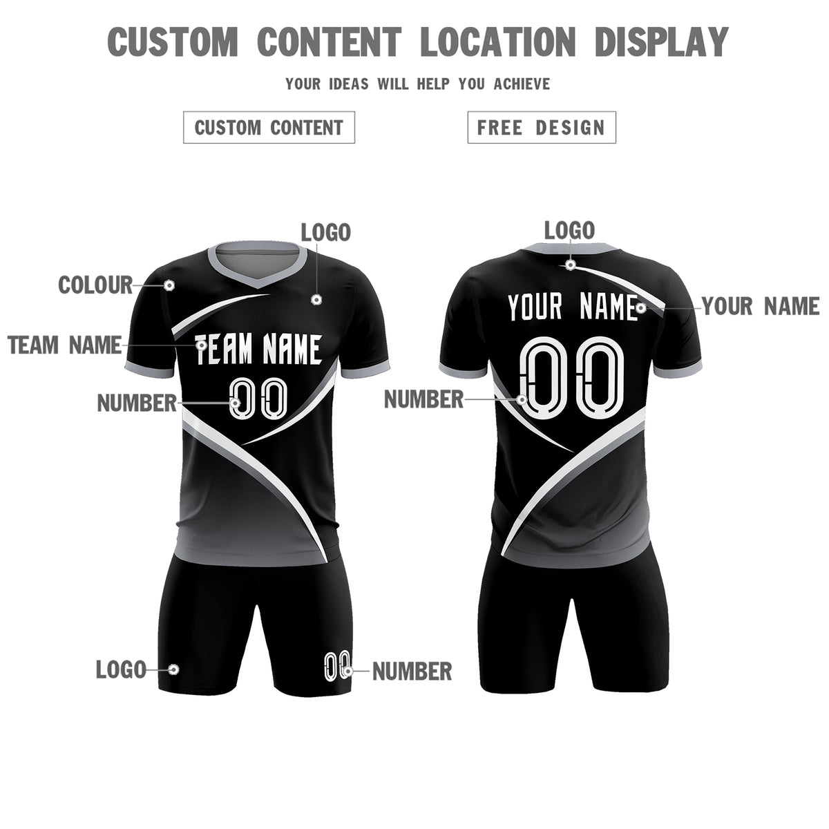 Custom Black Gray Color Block Training Uniform For Men Soccer Sets Jersey