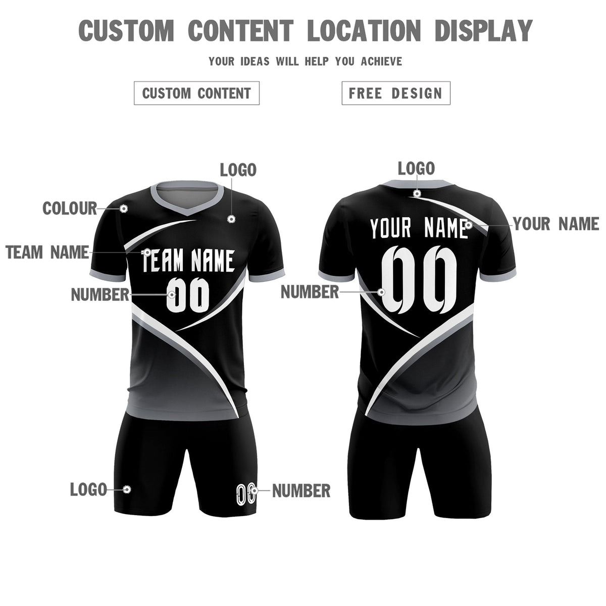 Custom Black Gray Color Block Training Uniform For Men Soccer Sets Jersey