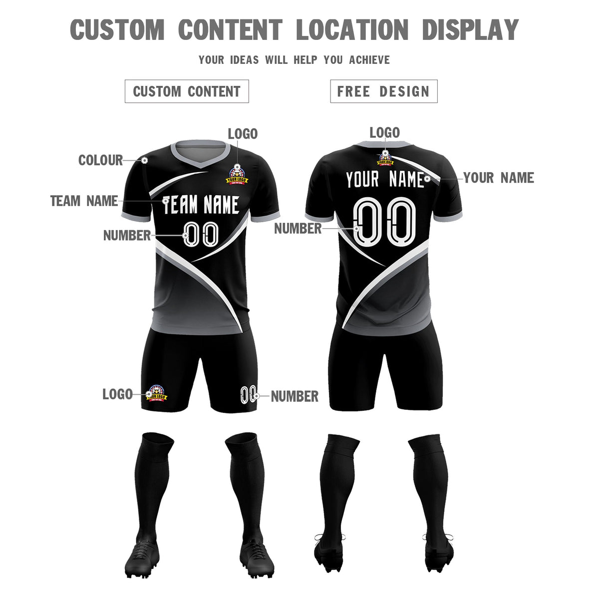 Custom Black Gray Color Block Training Uniform For Men Soccer Sets Jersey