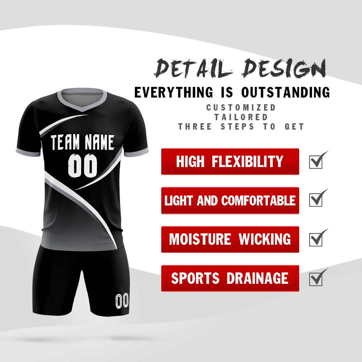 Custom Black Gray Color Block Training Uniform For Men Soccer Sets Jersey