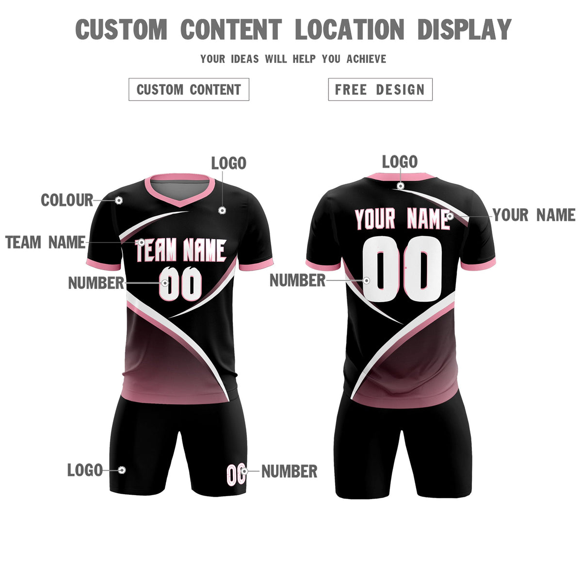 Custom Black Light Pink Color Block Training Uniform For Men Soccer Sets Jersey