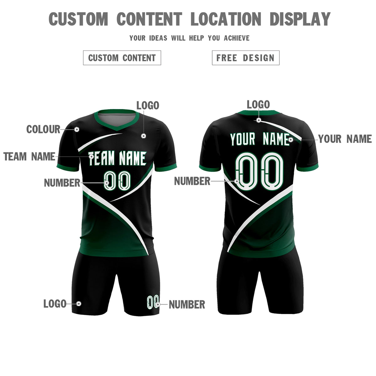 Custom Black Kelly Green Color Block Training Uniform For Men Soccer Sets Jersey
