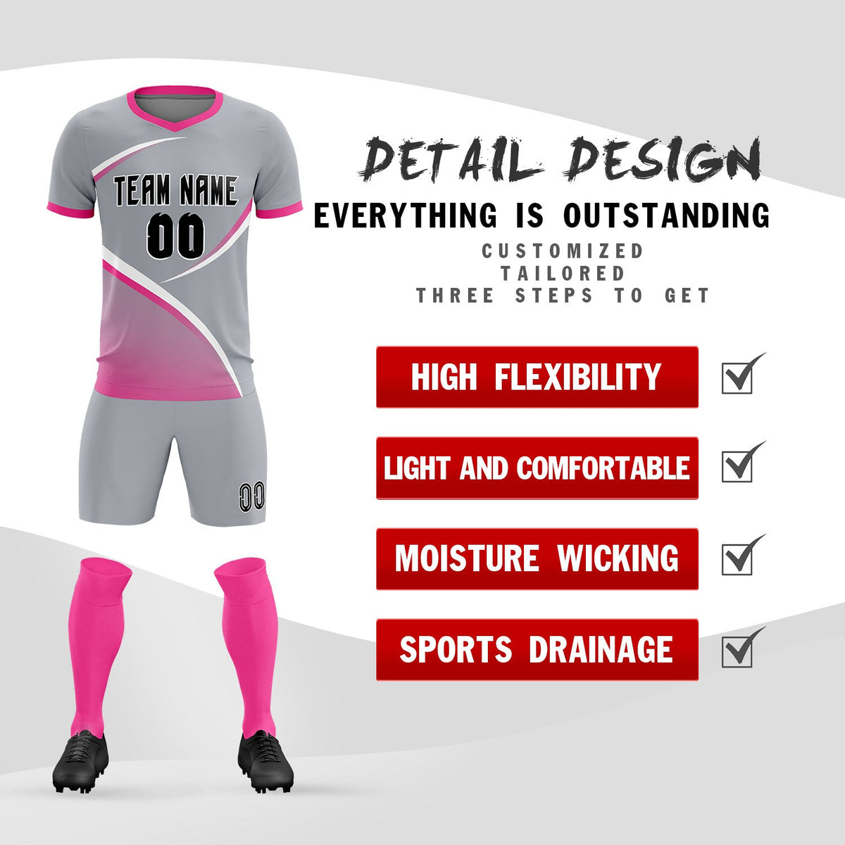 Custom Gray Pink Color Block Training Uniform For Men Soccer Sets Jersey