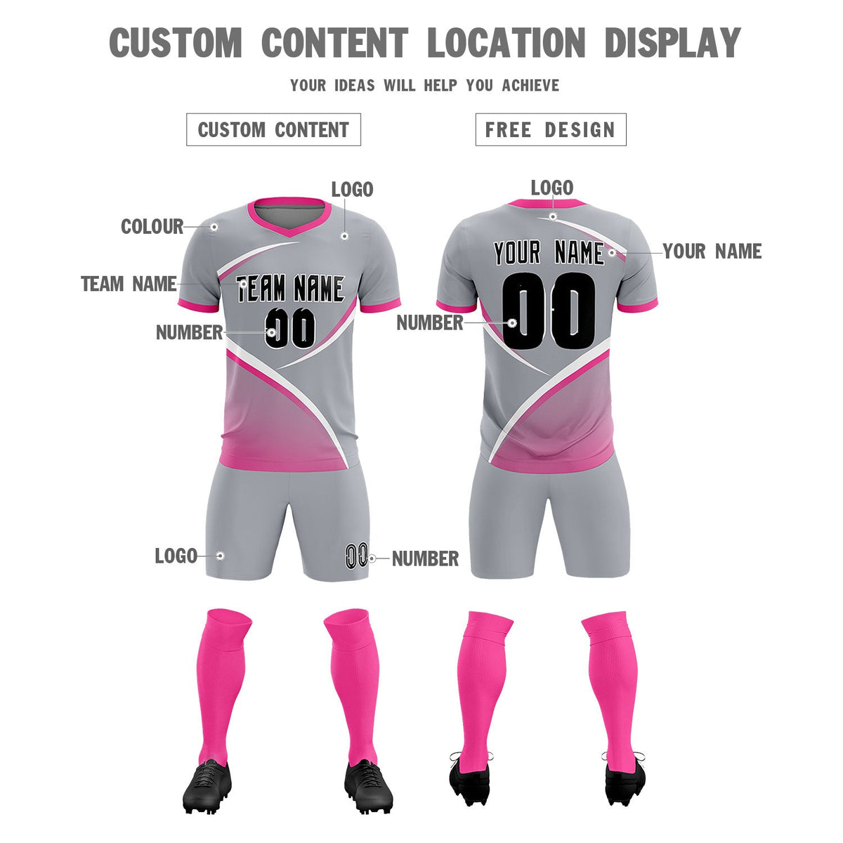 Custom Gray Pink Color Block Training Uniform For Men Soccer Sets Jersey