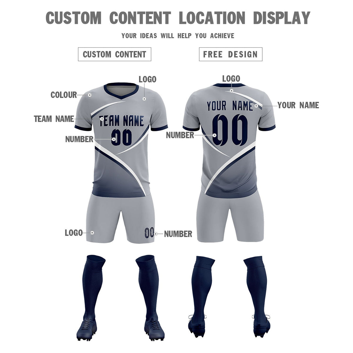 Custom Gray Navy Color Block Training Uniform For Men Soccer Sets Jersey