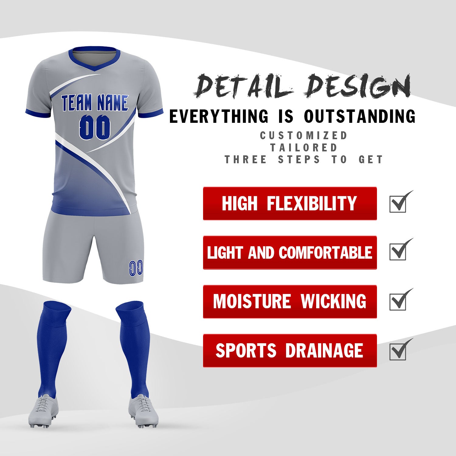 Custom Gray Royal Color Block Training Uniform For Men Soccer Sets Jersey