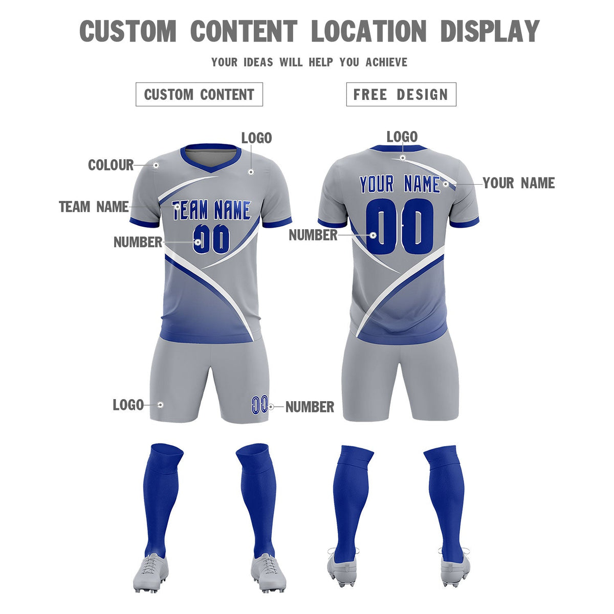 Custom Gray Royal Color Block Training Uniform For Men Soccer Sets Jersey