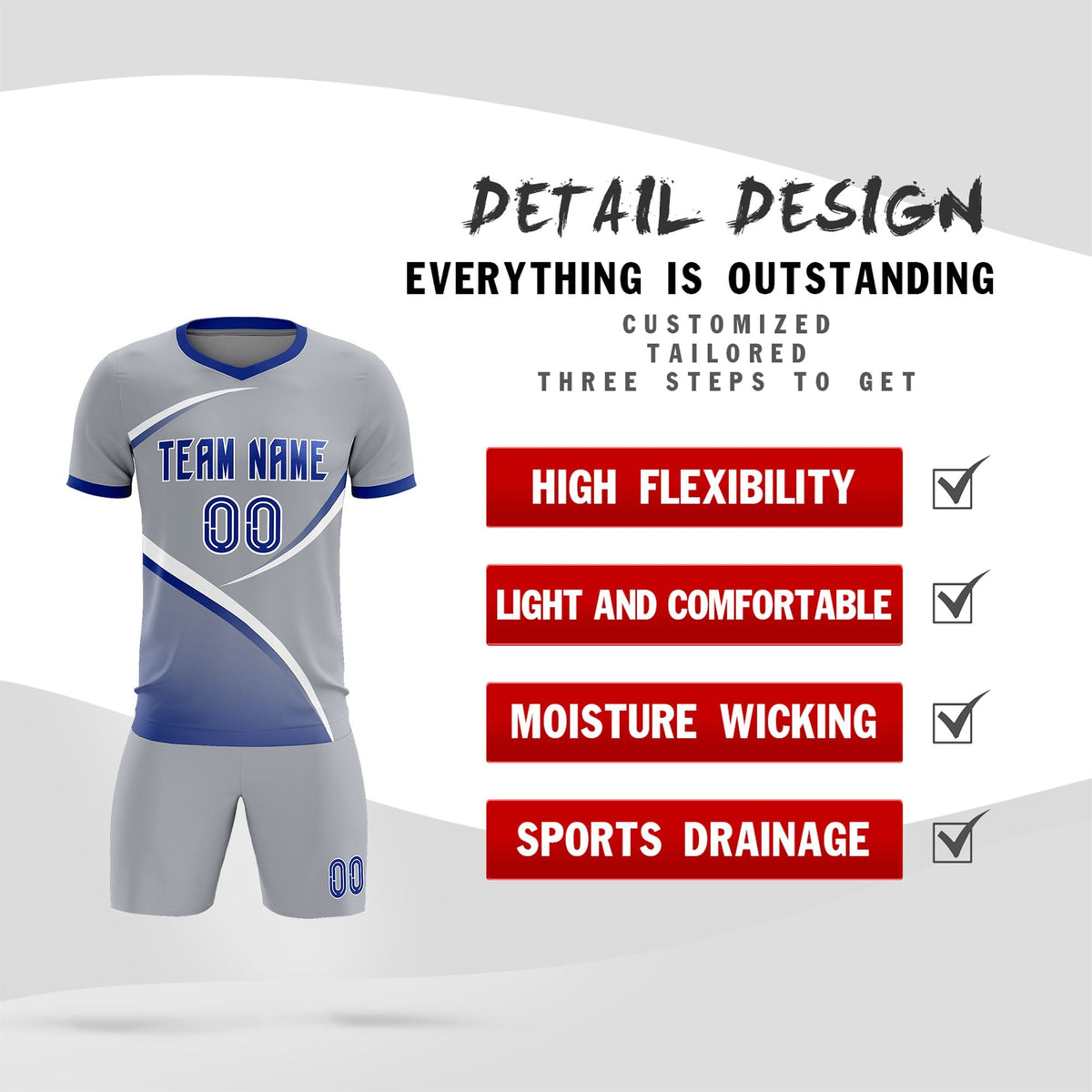 Custom Gray Royal Color Block Training Uniform For Men Soccer Sets Jersey