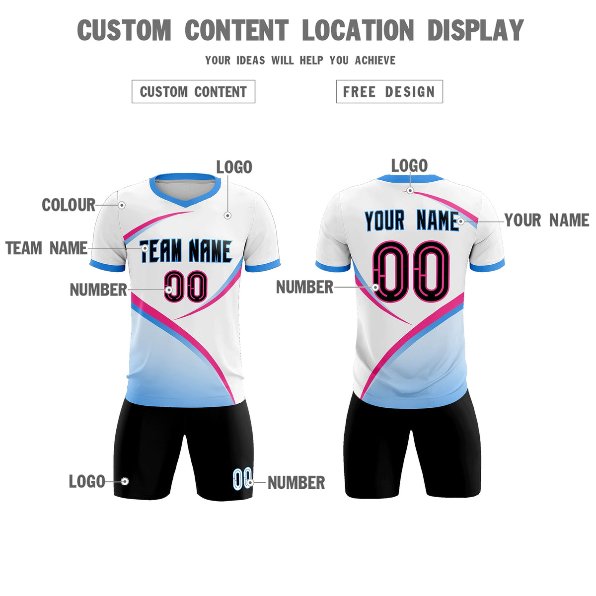 Custom White Powder Blue Color Block Training Uniform For Men Soccer Sets Jersey