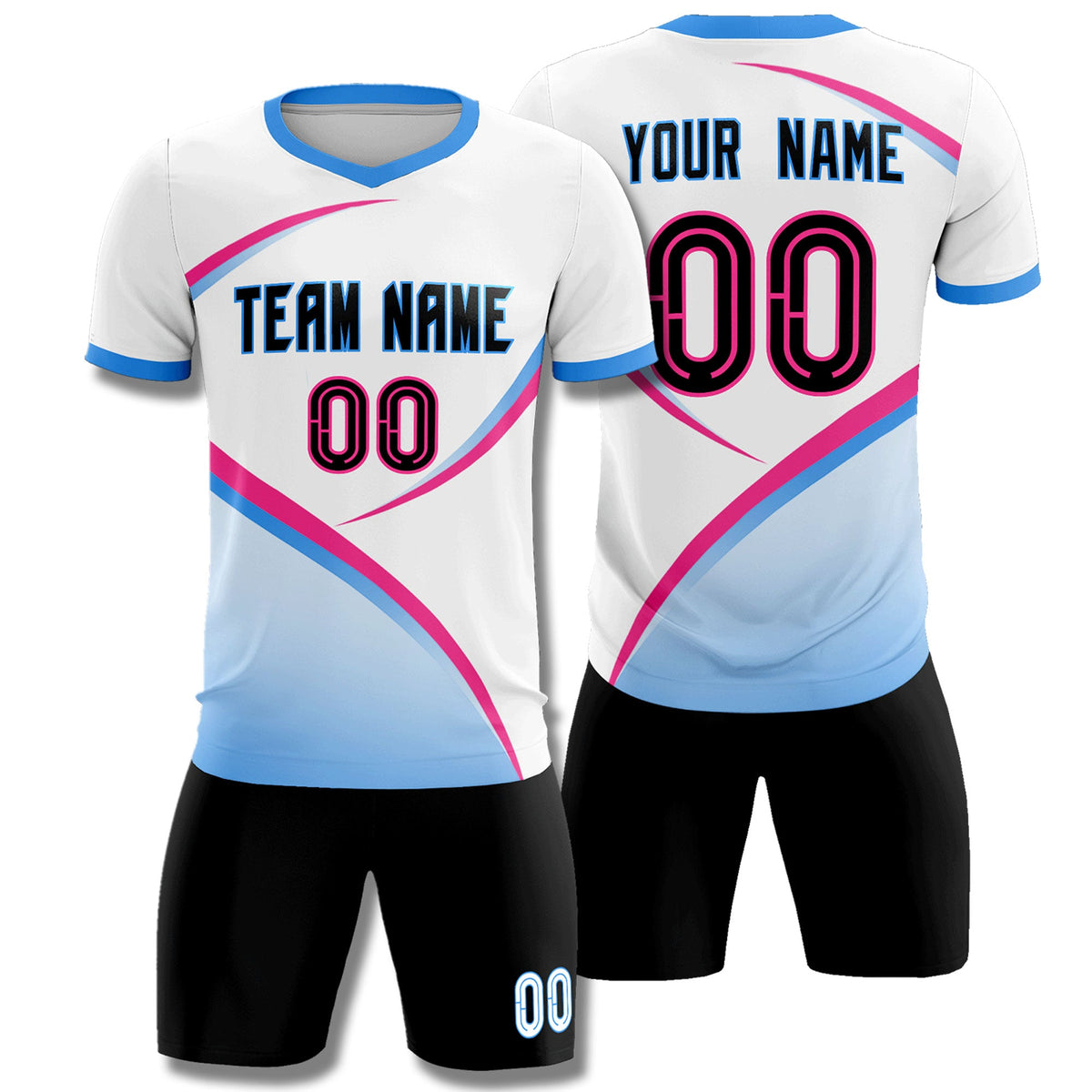 Custom White Powder Blue Color Block Training Uniform For Men Soccer Sets Jersey