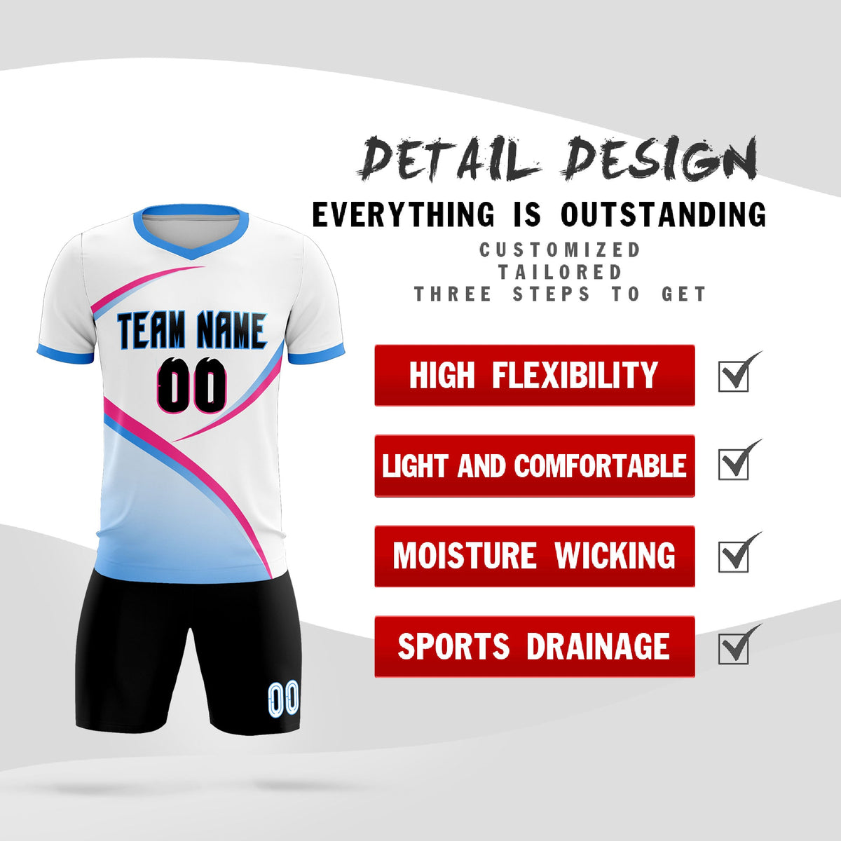 Custom White Powder Blue Color Block Training Uniform For Men Soccer Sets Jersey