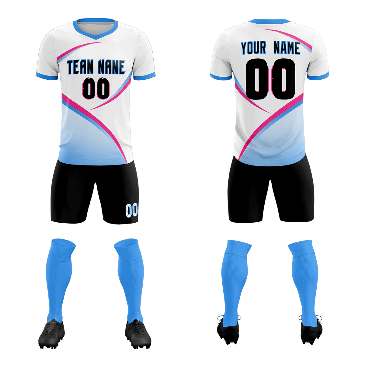 Custom White Powder Blue Color Block Training Uniform For Men Soccer Sets Jersey