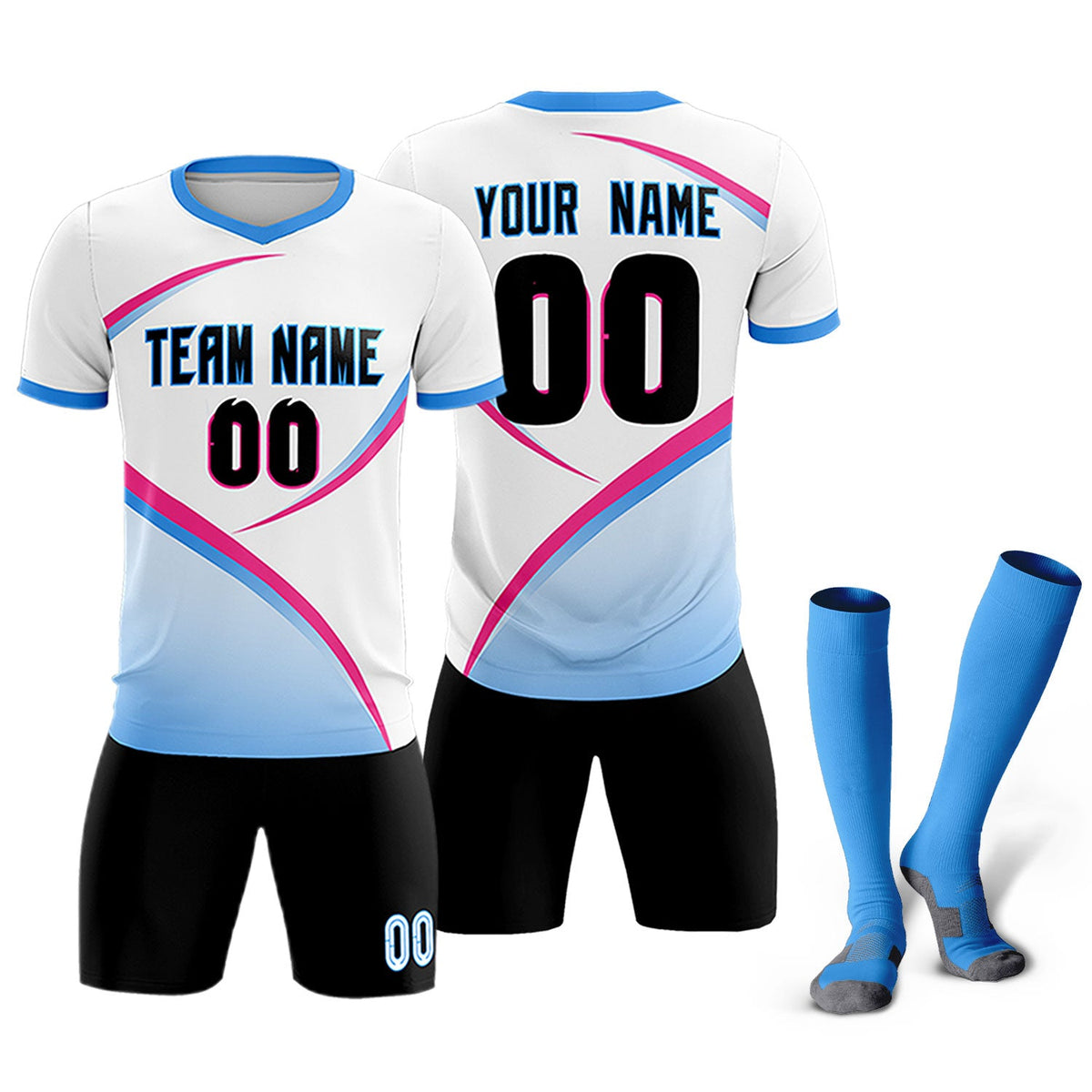 Custom White Powder Blue Color Block Training Uniform For Men Soccer Sets Jersey
