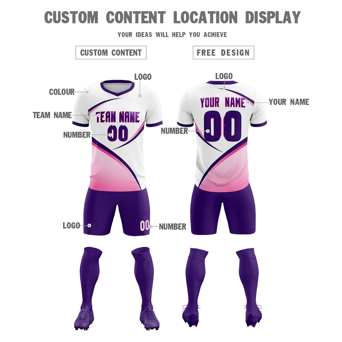 Custom White Purple Color Block Training Uniform For Men Soccer Sets Jersey