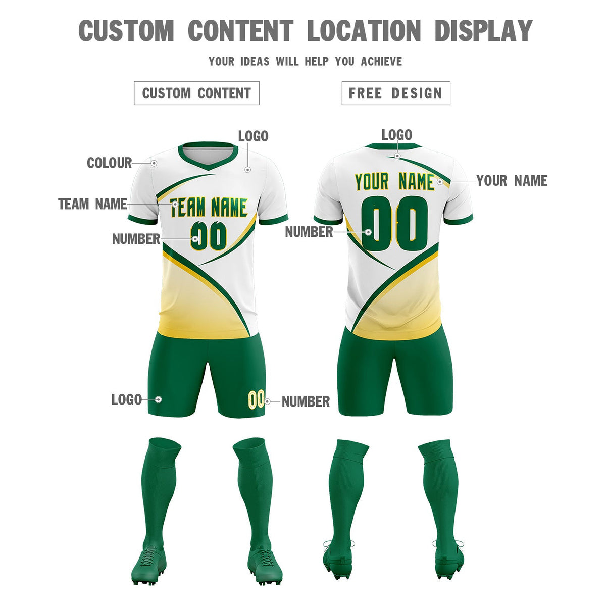 Custom White Kelly Green Color Block Training Uniform For Men Soccer Sets Jersey