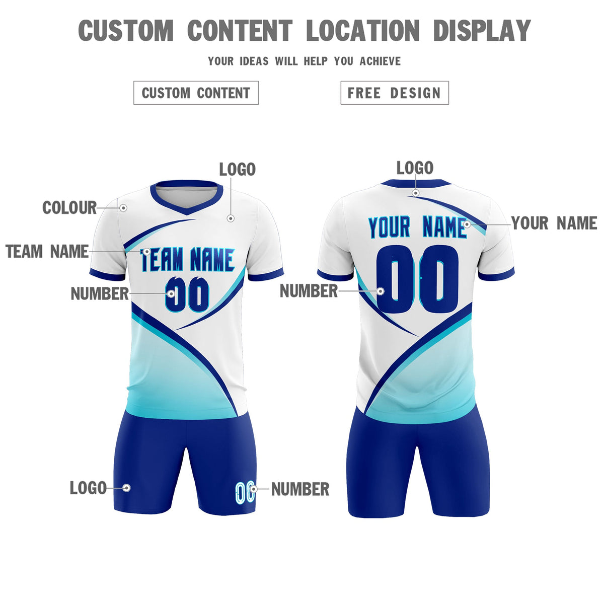 Custom White Sky Blue Color Block Training Uniform For Men Soccer Sets Jersey