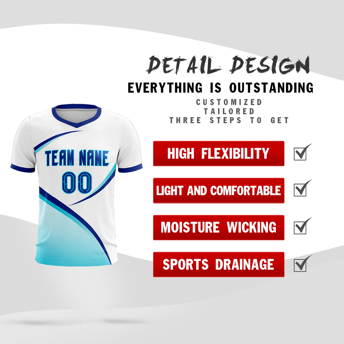 Custom White Sky Blue Color Block Training Uniform For Men Soccer Sets Jersey