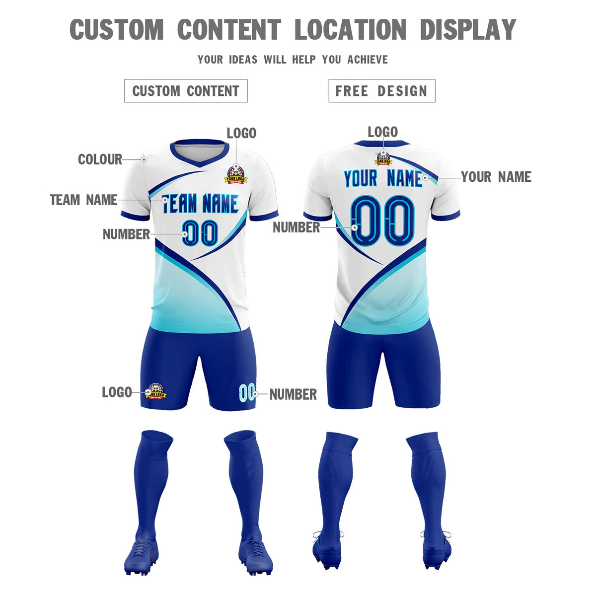 Custom White Sky Blue Color Block Training Uniform For Men Soccer Sets Jersey