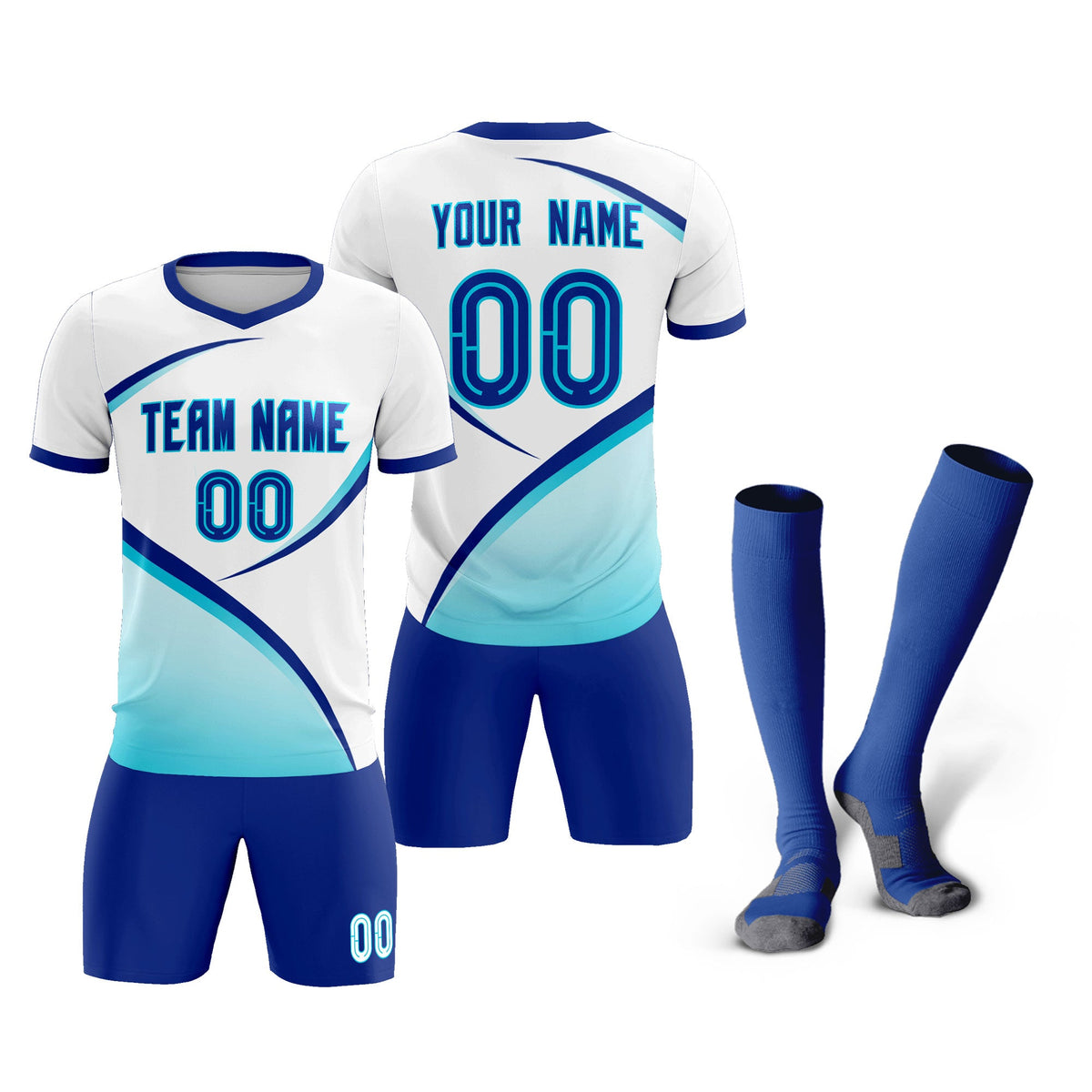 Custom White Sky Blue Color Block Training Uniform For Men Soccer Sets Jersey