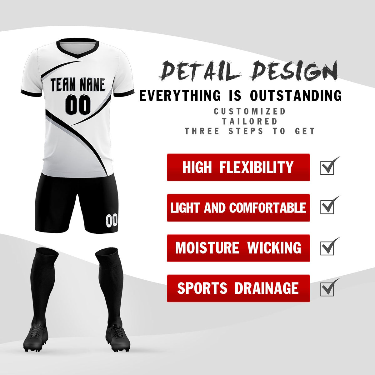 Custom White Black Color Block Training Uniform For Men Soccer Sets Jersey