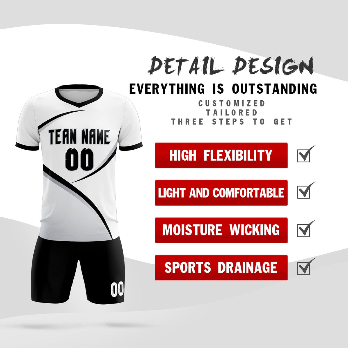 Custom White Black Color Block Training Uniform For Men Soccer Sets Jersey