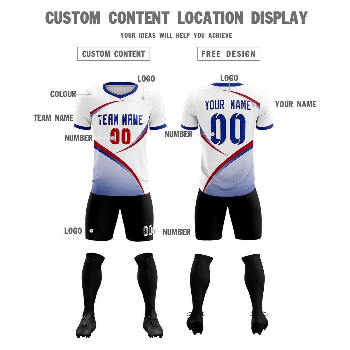 Custom White Royal Color Block Training Uniform For Men Soccer Sets Jersey