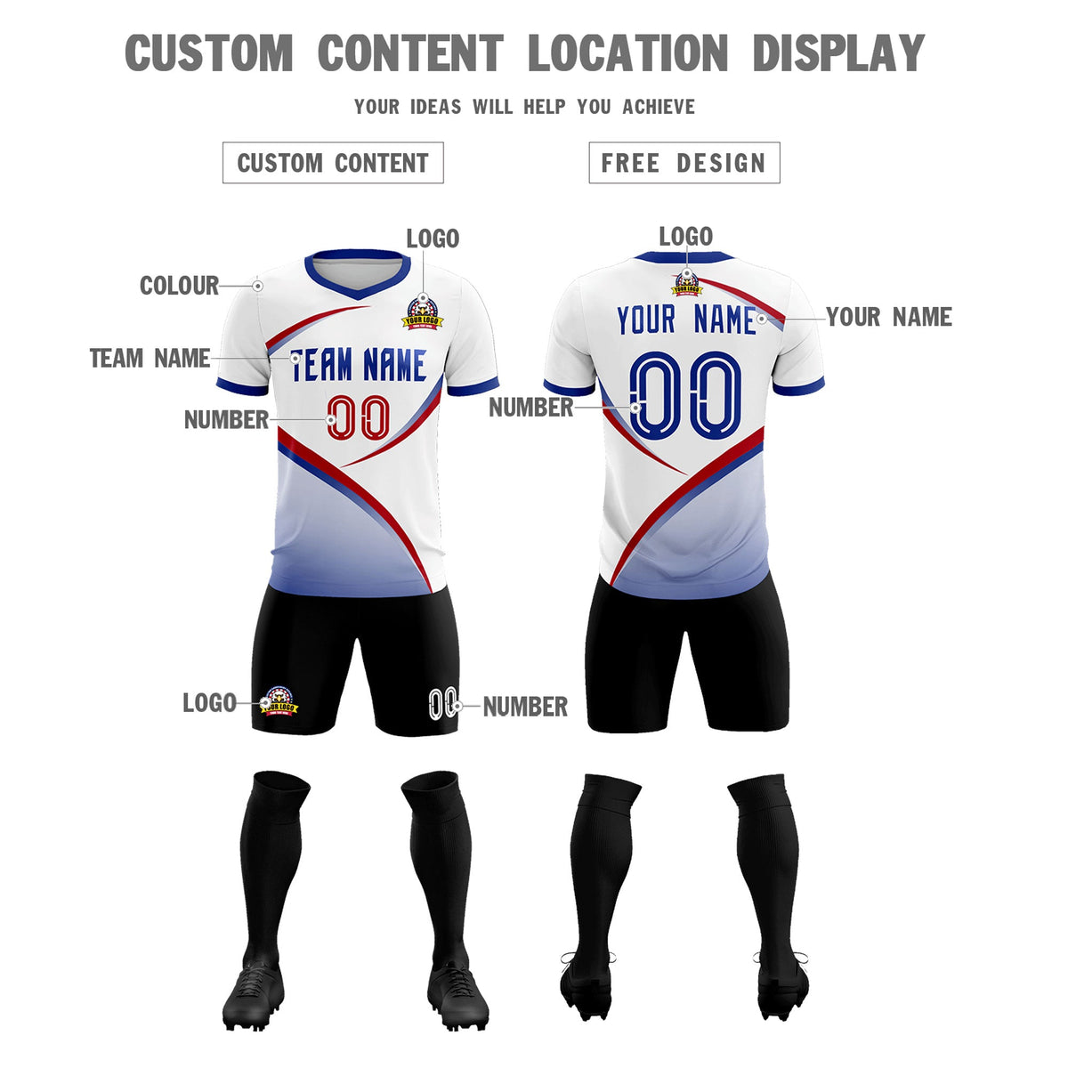 Custom White Royal Color Block Training Uniform For Men Soccer Sets Jersey