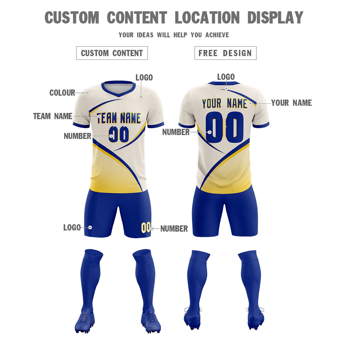 Custom Cream Royal Color Block Training Uniform For Men Soccer Sets Jersey