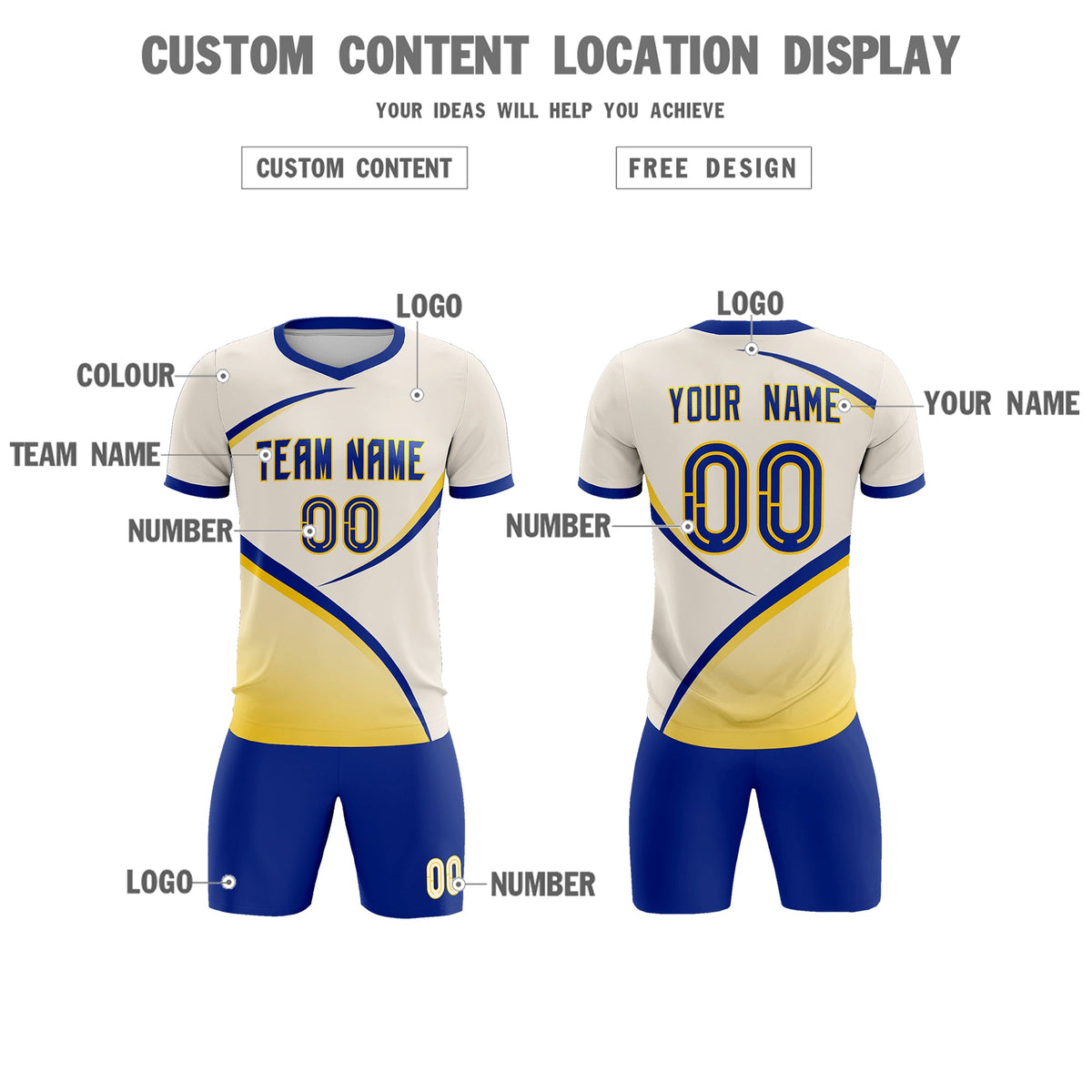 Custom Cream Royal Color Block Training Uniform For Men Soccer Sets Jersey