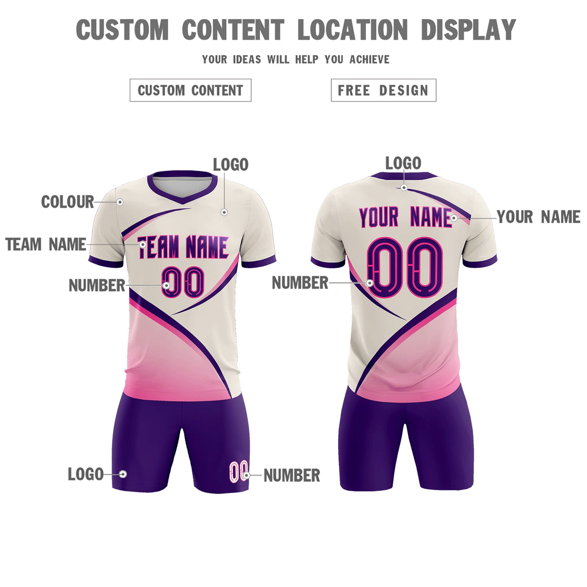 Custom Cream Purple Color Block Training Uniform For Men Soccer Sets Jersey