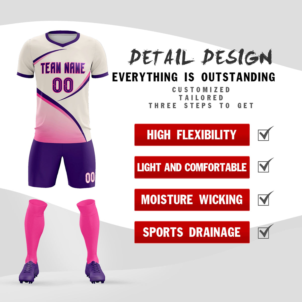 Custom Cream Purple Color Block Training Uniform For Men Soccer Sets Jersey