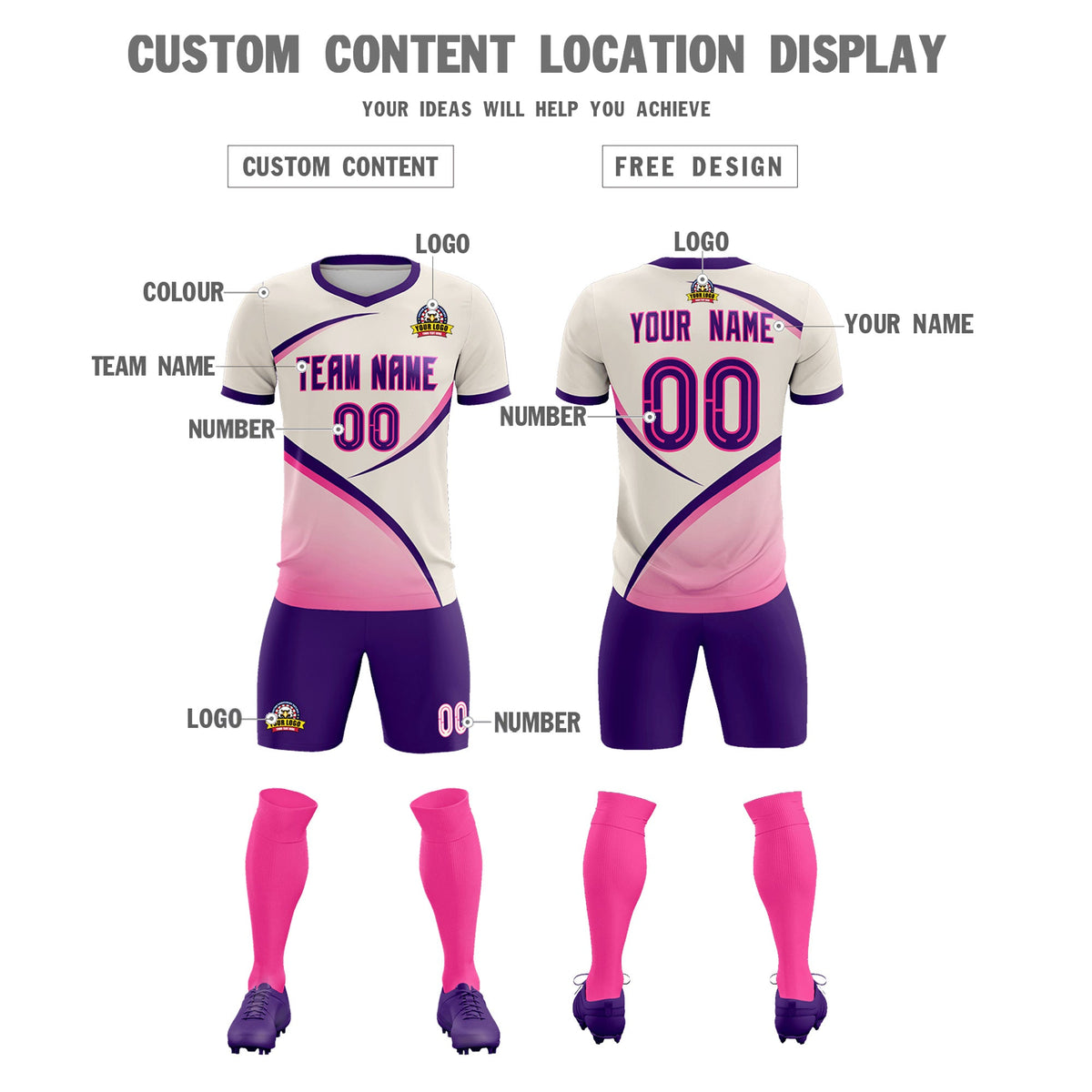 Custom Cream Purple Color Block Training Uniform For Men Soccer Sets Jersey