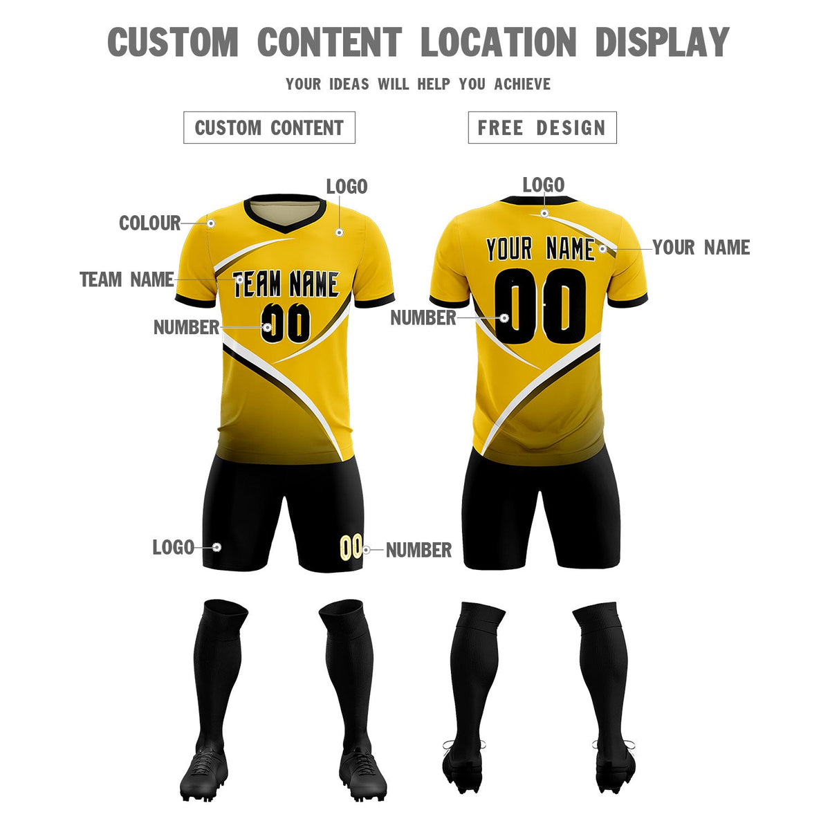 Custom Gold Black Color Block Training Uniform For Men Soccer Sets Jersey